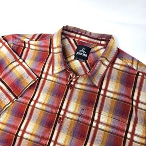 prAna Men's Size Large Plaid Button Up Short Sleeve Shirt Red Orange Multicolor.